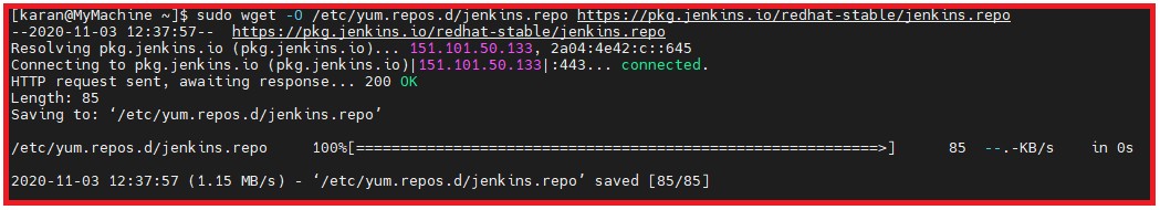 Picture showing the command to add the official Jenkins repository to a Red Hat–based Linux system
